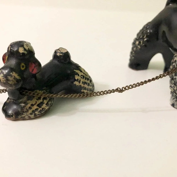 Vintage 60s Redware Poodle Family Set Mom Pups Black White on Chains Japan Flaws - Picture 12 of 16